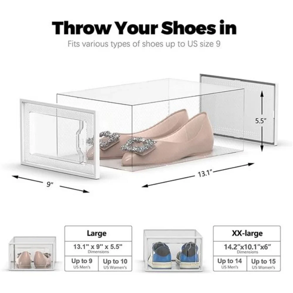 Large 12 Pack Shoe Storage Box, Clear Plastic Stackable Shoe Organizer